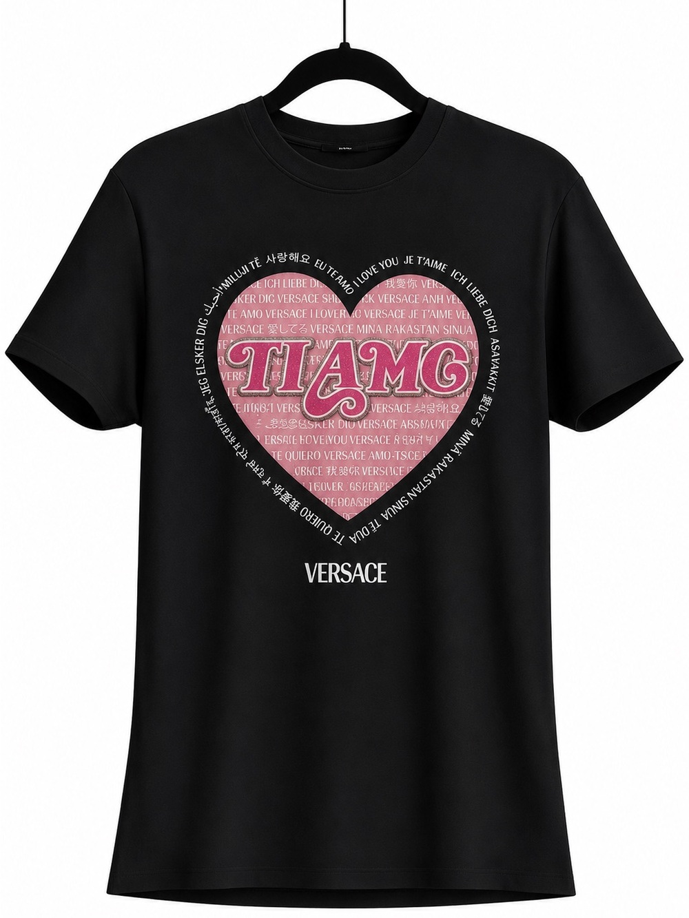 Versace Ti Amo Heart Logo Tee Black Pink Made in Italy- Small